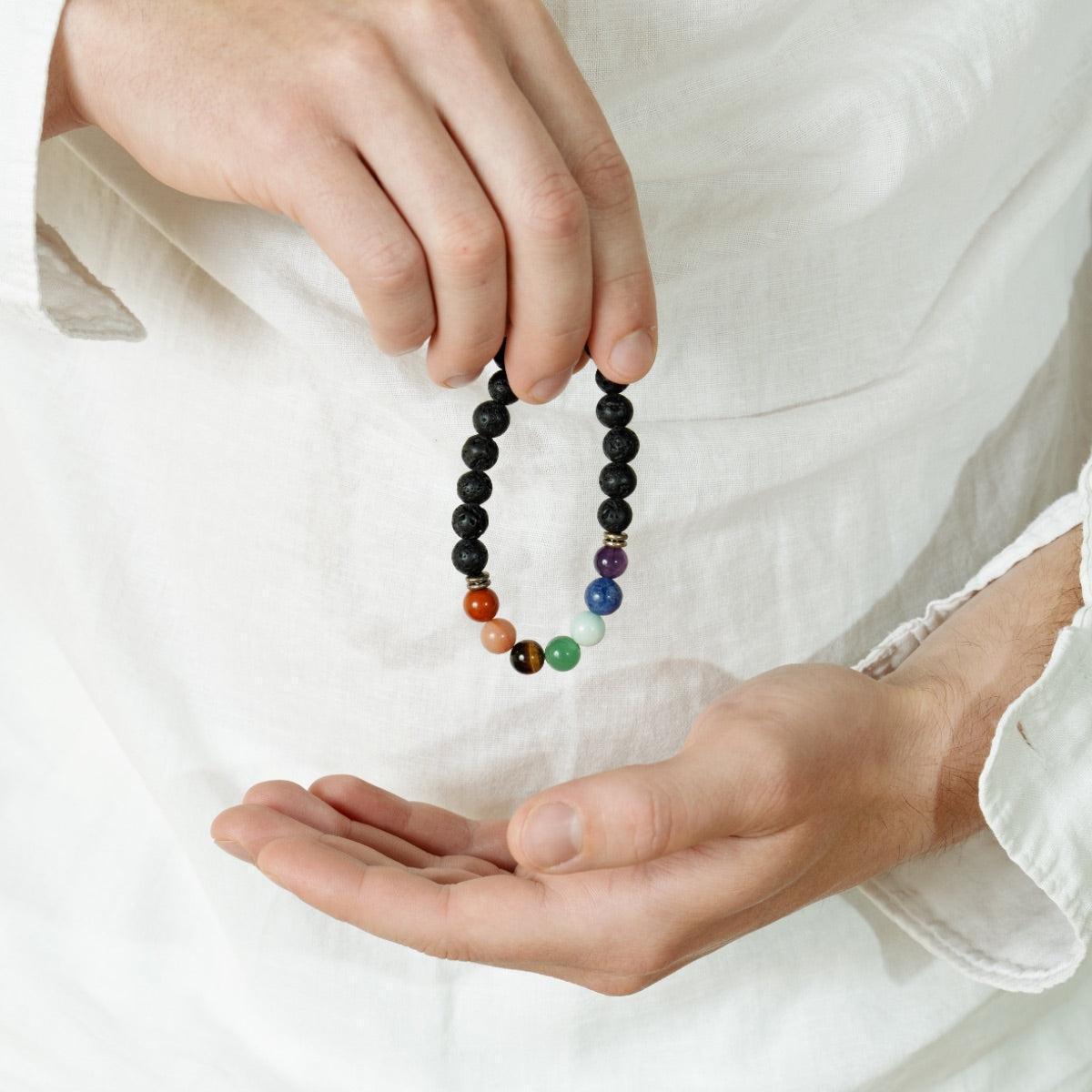 Gros plan sur les perles du bracelet des 7 chakras