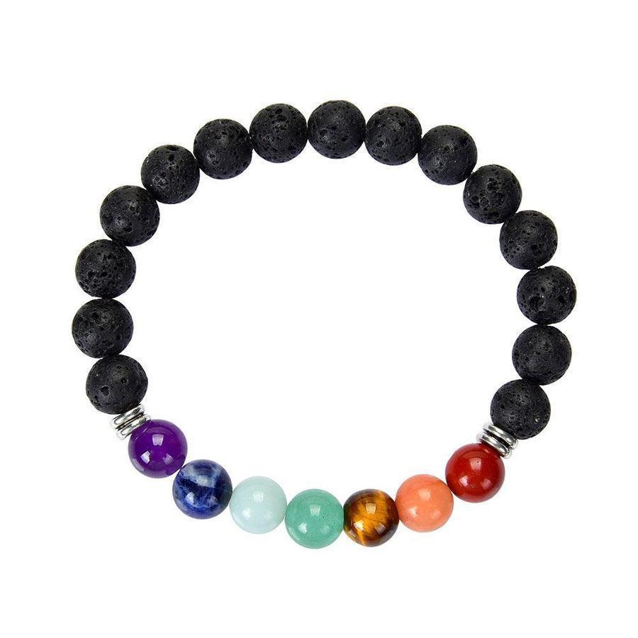 Perles du bracelet alignées, chaque couleur représentant un chakra