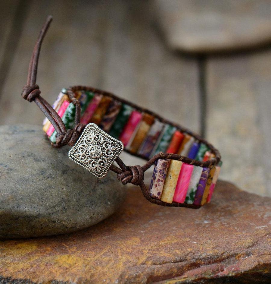 Bracelet en cuir avec pierres de Jaspe multicolores