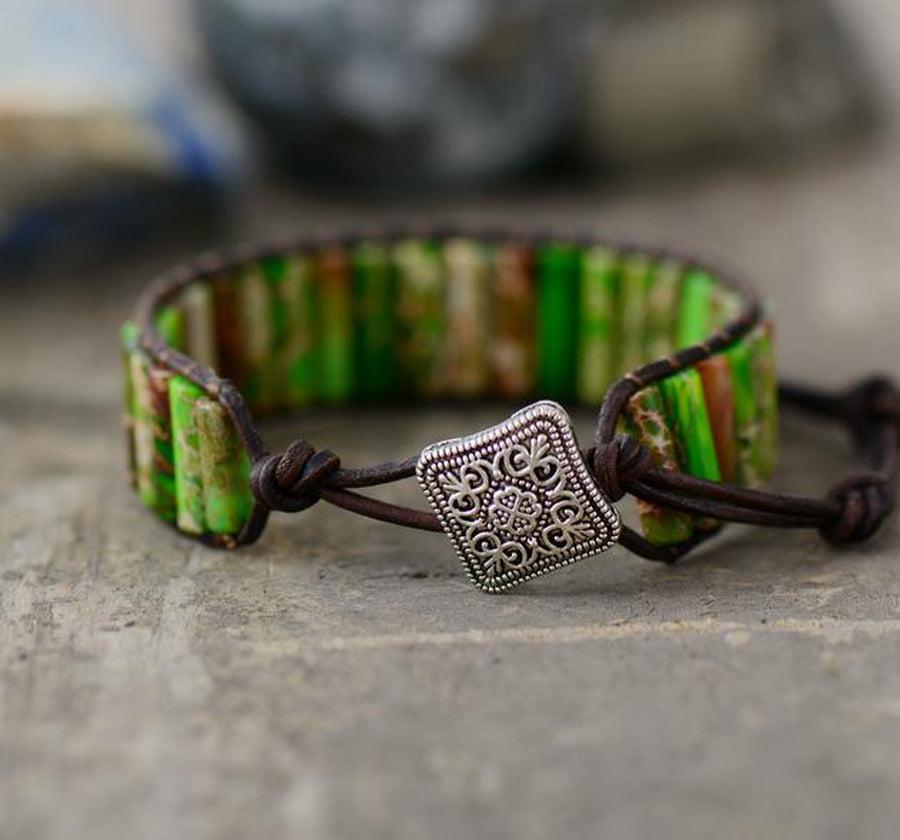 Bracelet manchette en cuir, pierres de Jaspe alignées