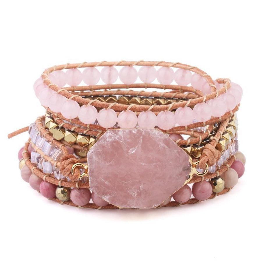 Bracelet multi tours en cuir avec pierres de Quartz rose