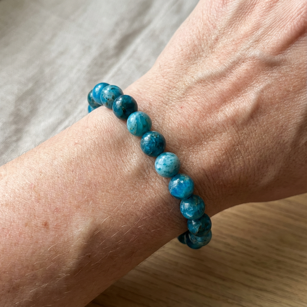 Bracelet en apatite bleue, perles rondes, vue de côté