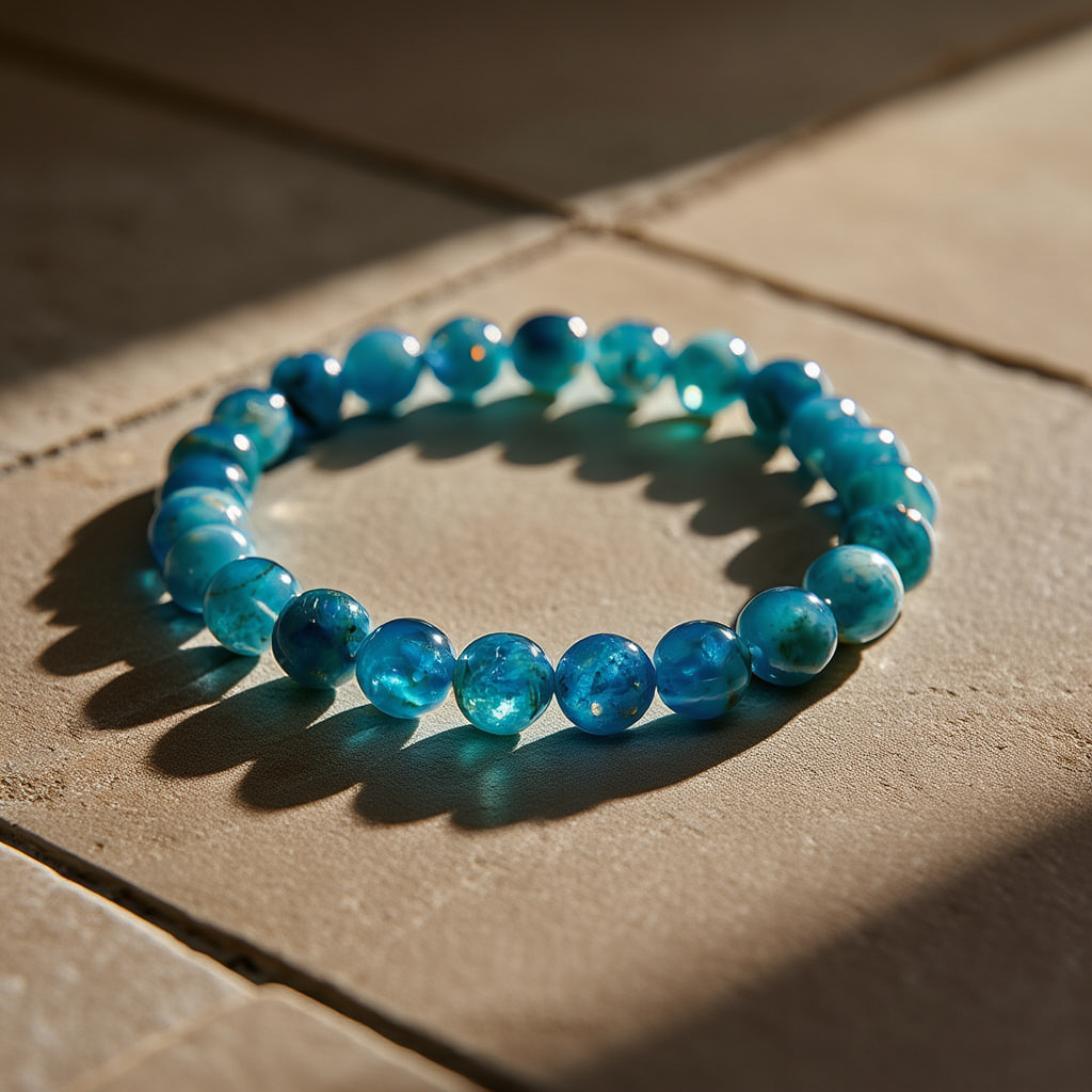 Gros plan sur les perles d'apatite bleue du bracelet