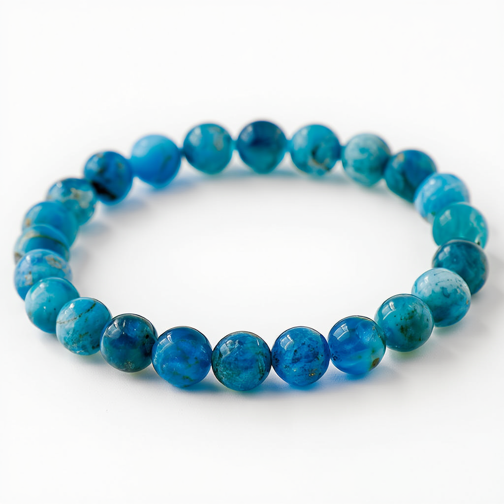 Vue d'ensemble du bracelet apatite bleue sur fond neutre