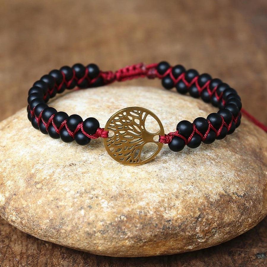 Bracelet en onyx noir mat avec arbre de vie central