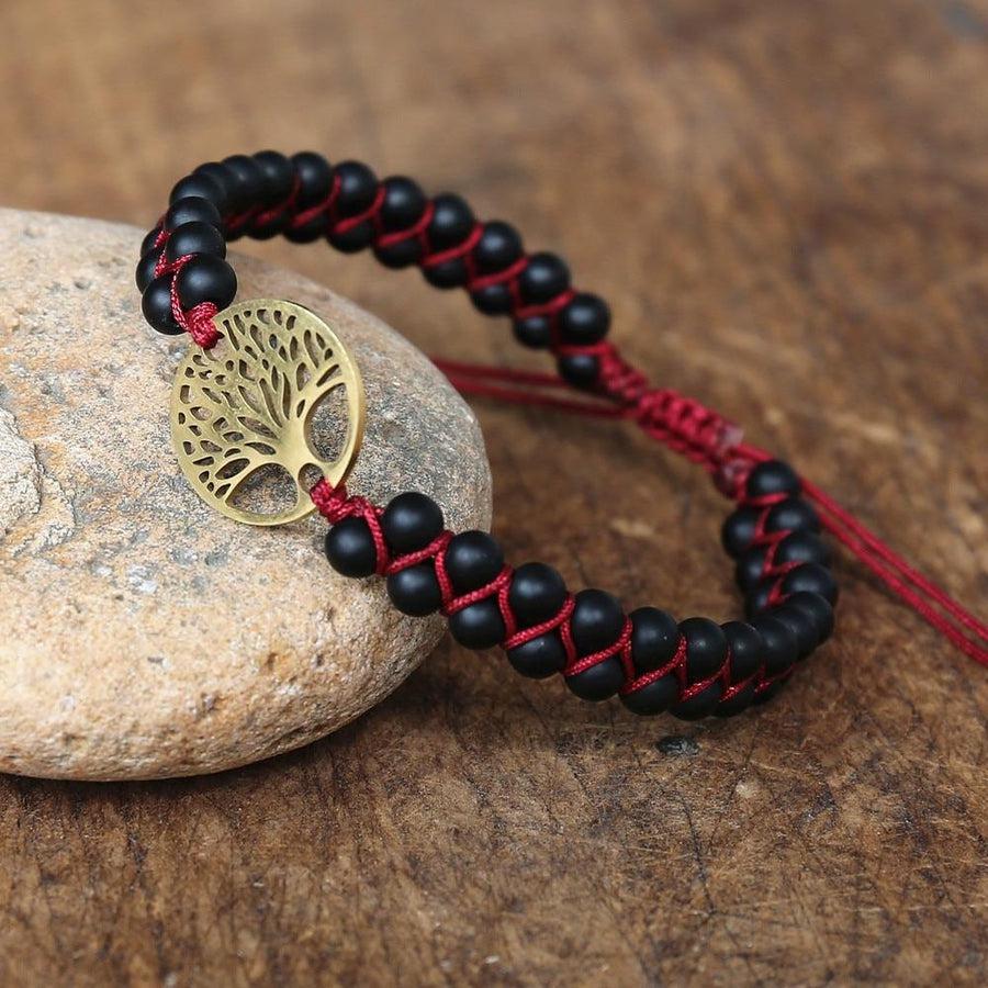 Bracelet en onyx noir avec cordon rouge et arbre de vie