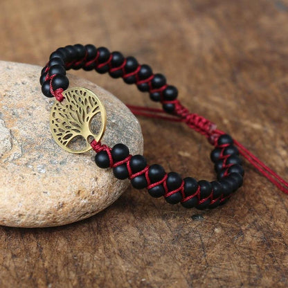Bracelet en onyx noir avec cordon rouge et arbre de vie