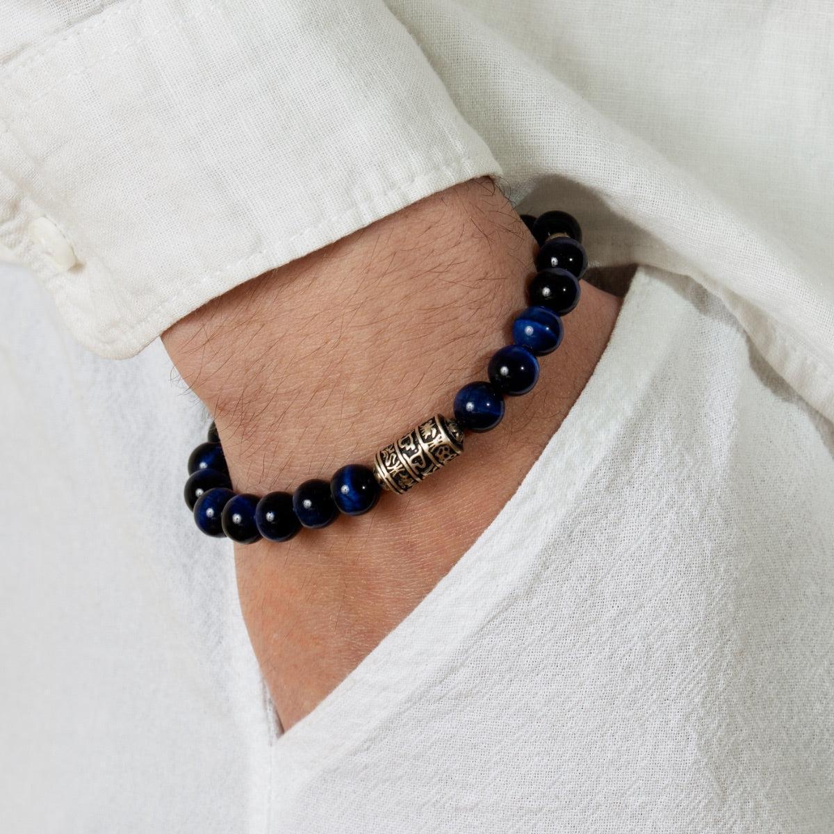 Bracelet en perles d'œil de tigre bleu avec totem bouddhiste