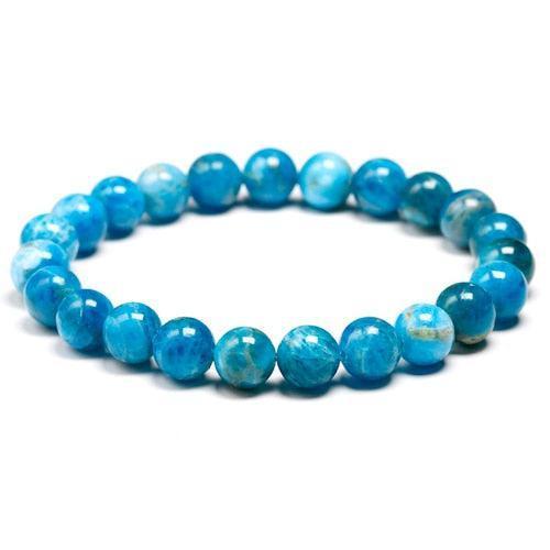 Vue d'ensemble du bracelet apatite, perles alignées harmonieusement