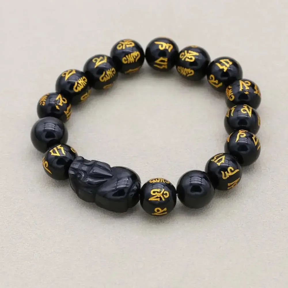 Bracelet artisanal en obsidienne noire, perles polies