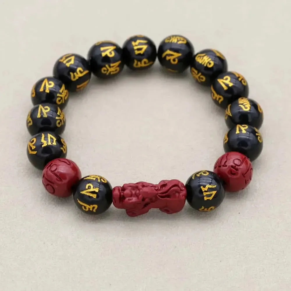 Bracelet en obsidienne noire avec perle Pixiu rouge