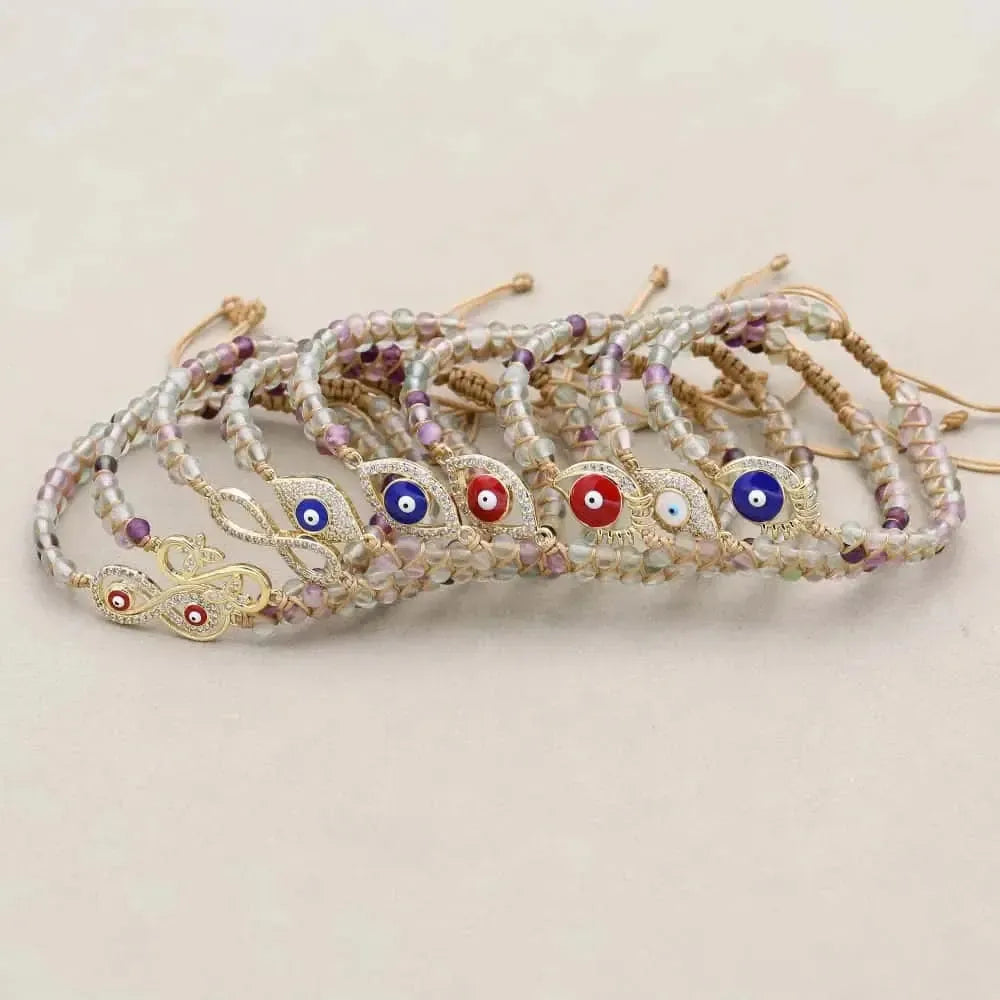 Bracelet en fluorite avec charms infini et mauvais œil