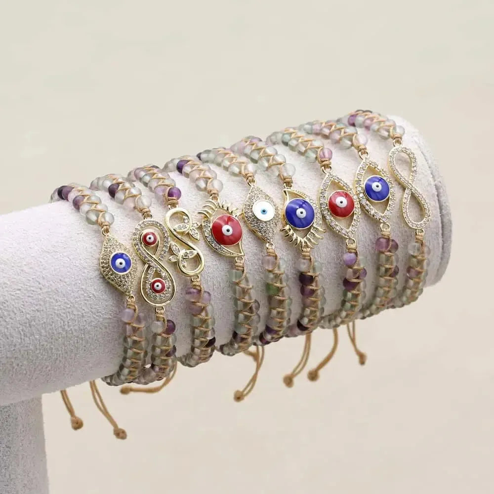 Bracelet ajustable en fluorite avec symboles spirituels