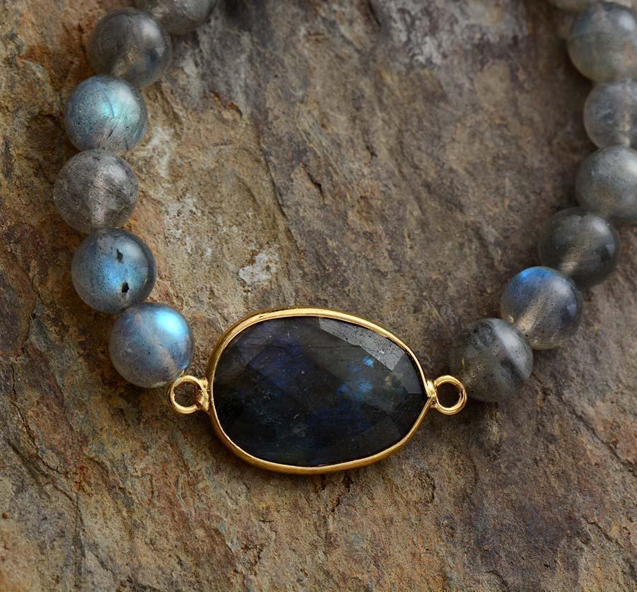 Gros plan sur les pierres de labradorite du bracelet