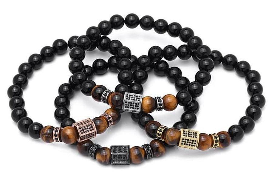 Bracelet en perles d'Agate noire et Oeil de Tigre avec cuivre