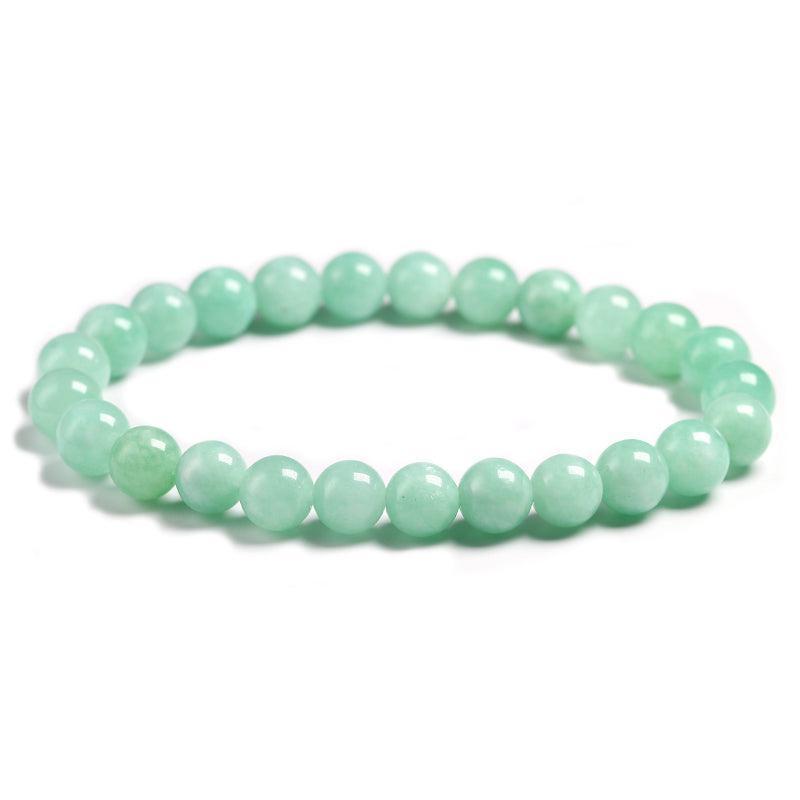 Vue latérale du bracelet en jade vert, perles alignées