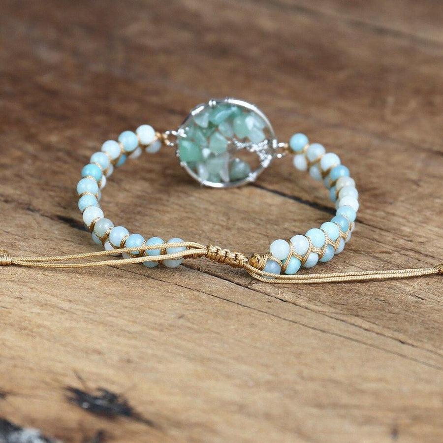 Détail des pierres d'amazonite et nouages du bracelet