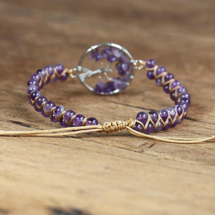 Bracelet en améthyste avec pendentif arbre de vie détaillé