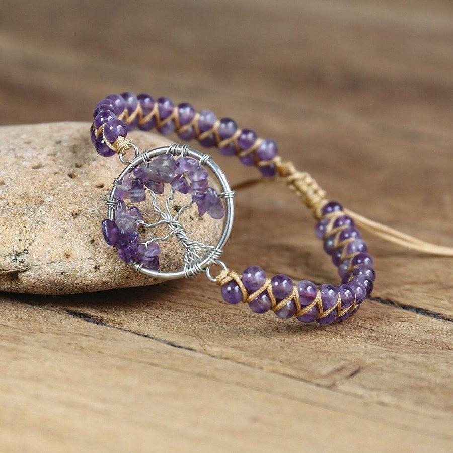 Bracelet améthyste entier avec arbre de vie en métal argenté