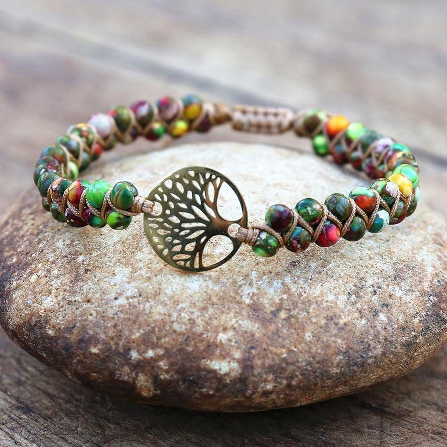 Ensemble de perles multicolores sur cordon tressé brun