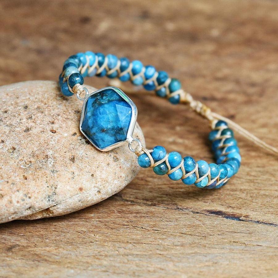 Bracelet en apatite avec pierre hexagonale sur cordon brun