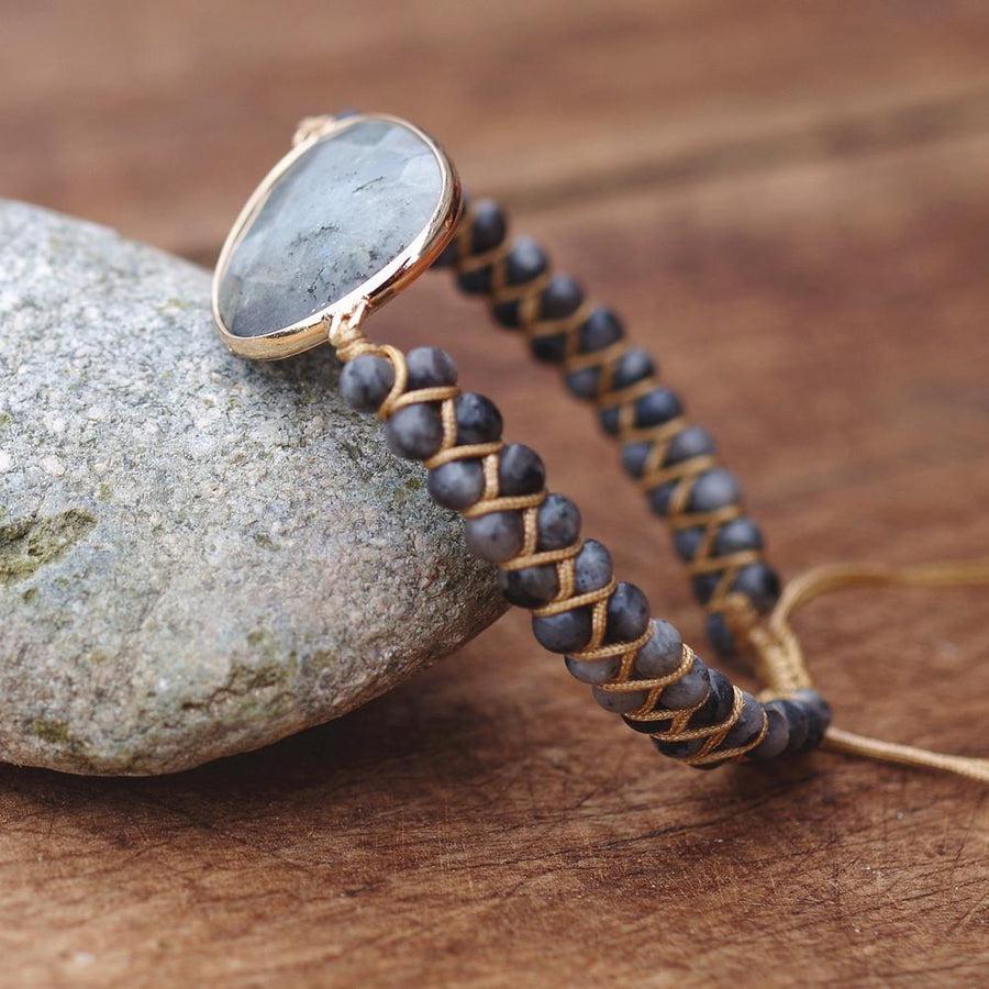 Bracelet Shamballa en labradorite avec reflets irisés
