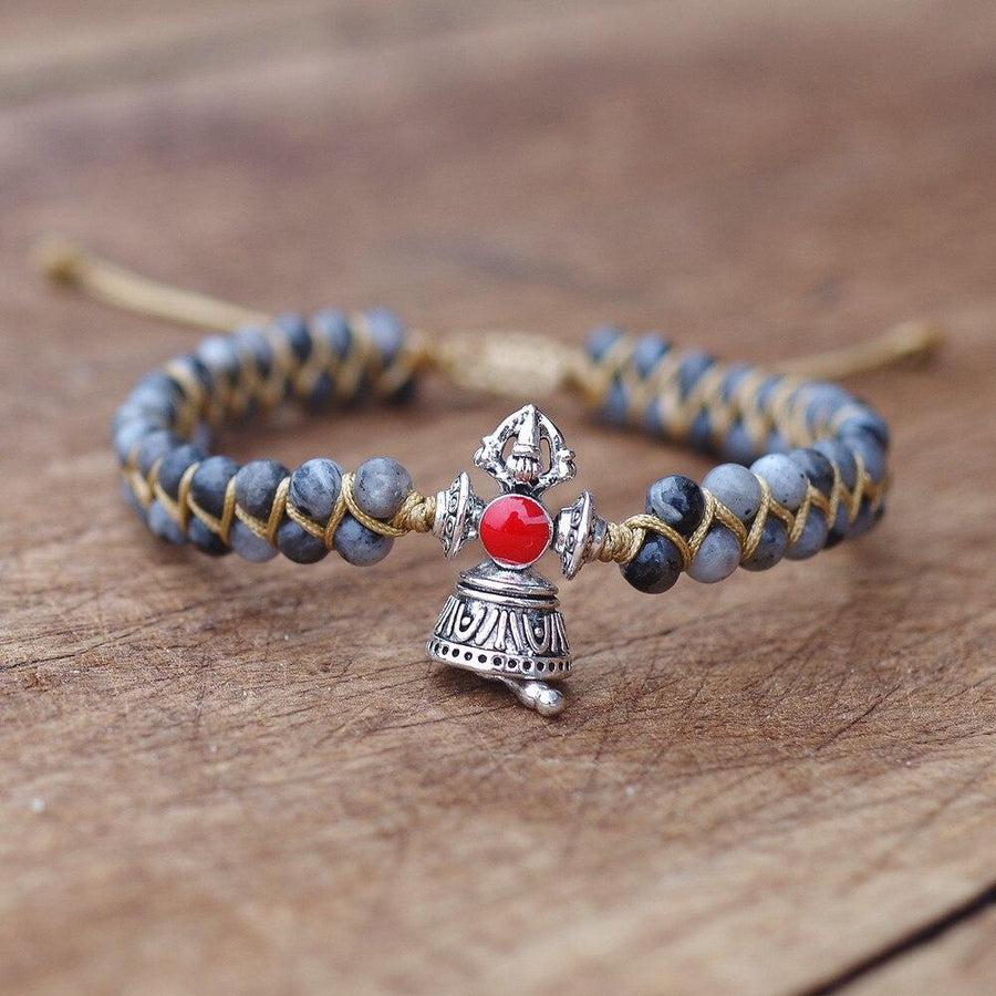 Ensemble complet du bracelet avec labradorite et cloche tibétaine