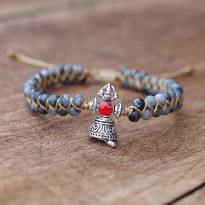 Ensemble complet du bracelet avec labradorite et cloche tibétaine