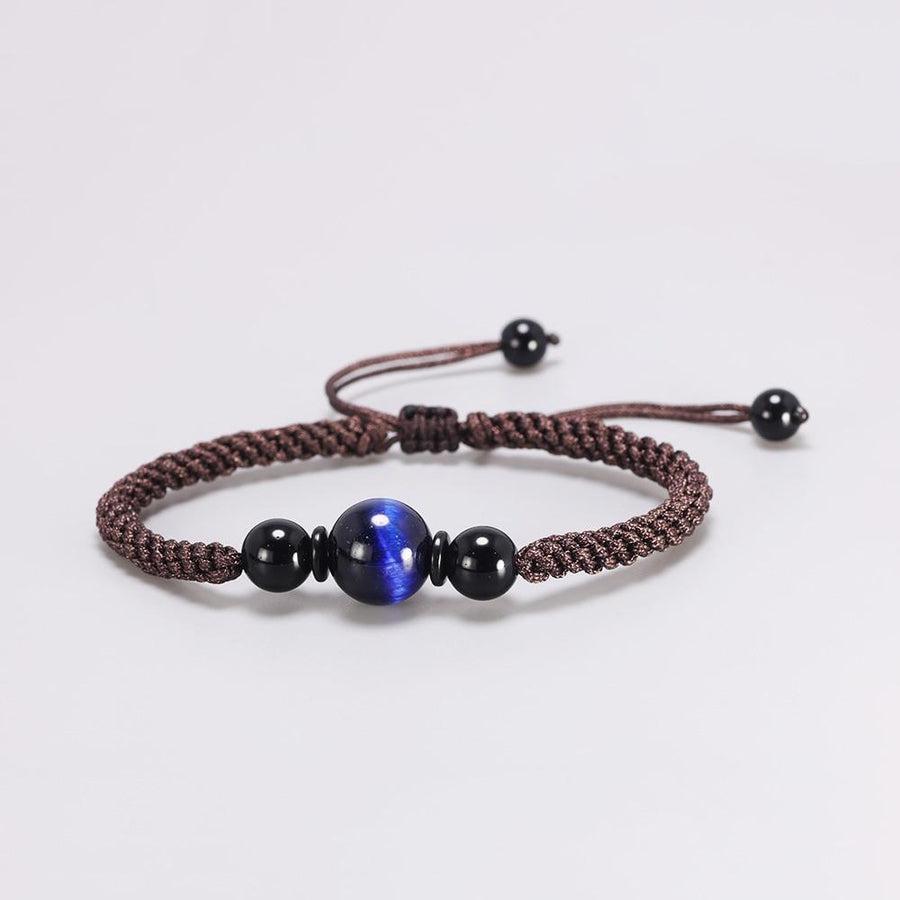 Vue d'ensemble du bracelet Shamballa en Œil de tigre bleu