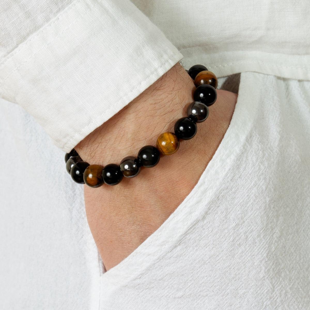Bracelet avec perles d'obsidienne, œil de tigre et hématite