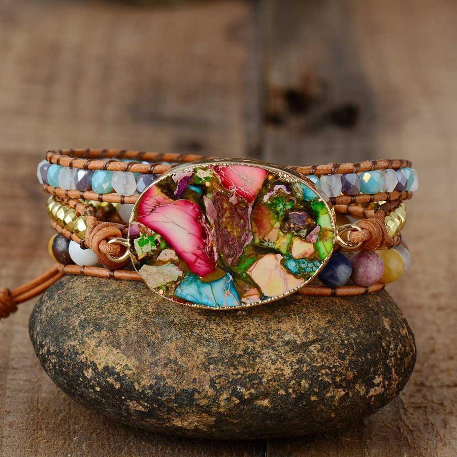 Bracelet en jaspe et cuir avec reflets de cristal