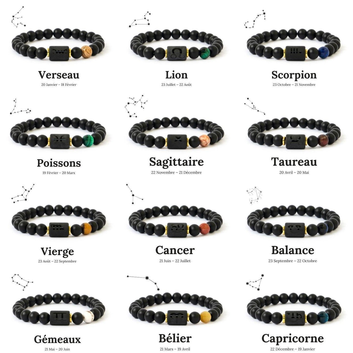 Collection de bracelets astrologiques avec pierres naturelles et symboles du zodiaque