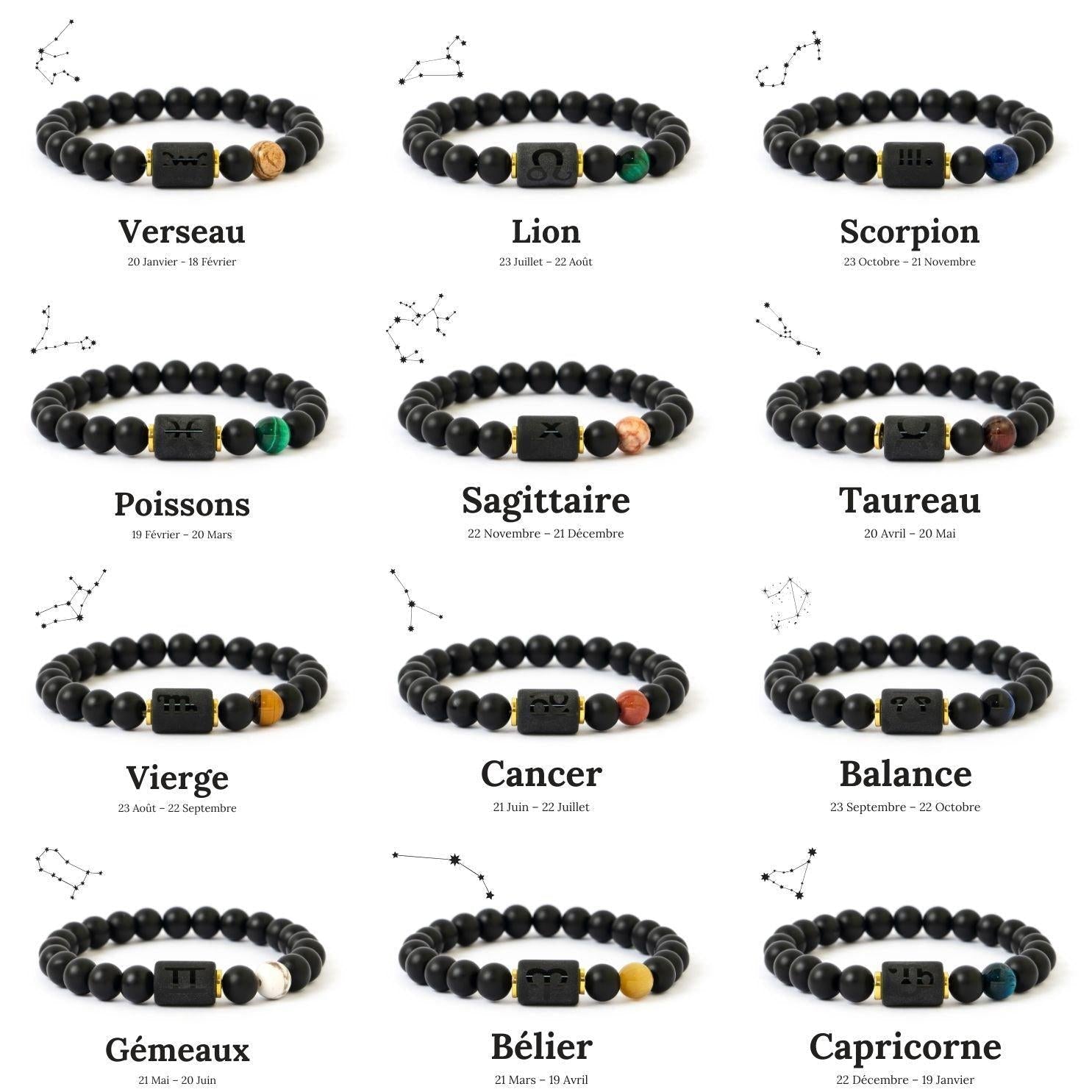 Collection de bracelets astrologiques avec pierres naturelles et symboles du zodiaque