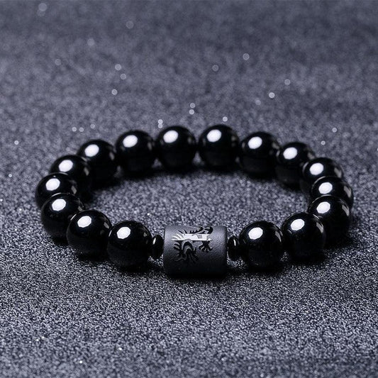 Bracelets en obsidienne noire avec gravures dragon et phénix