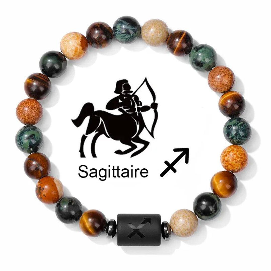 Détail des perles de jasper et hématite sur un bracelet zodiaque