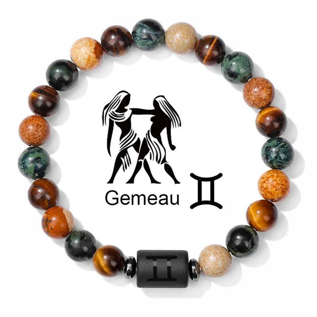Bracelet extensible en jasper, pierre centrale gravée et perles hématite