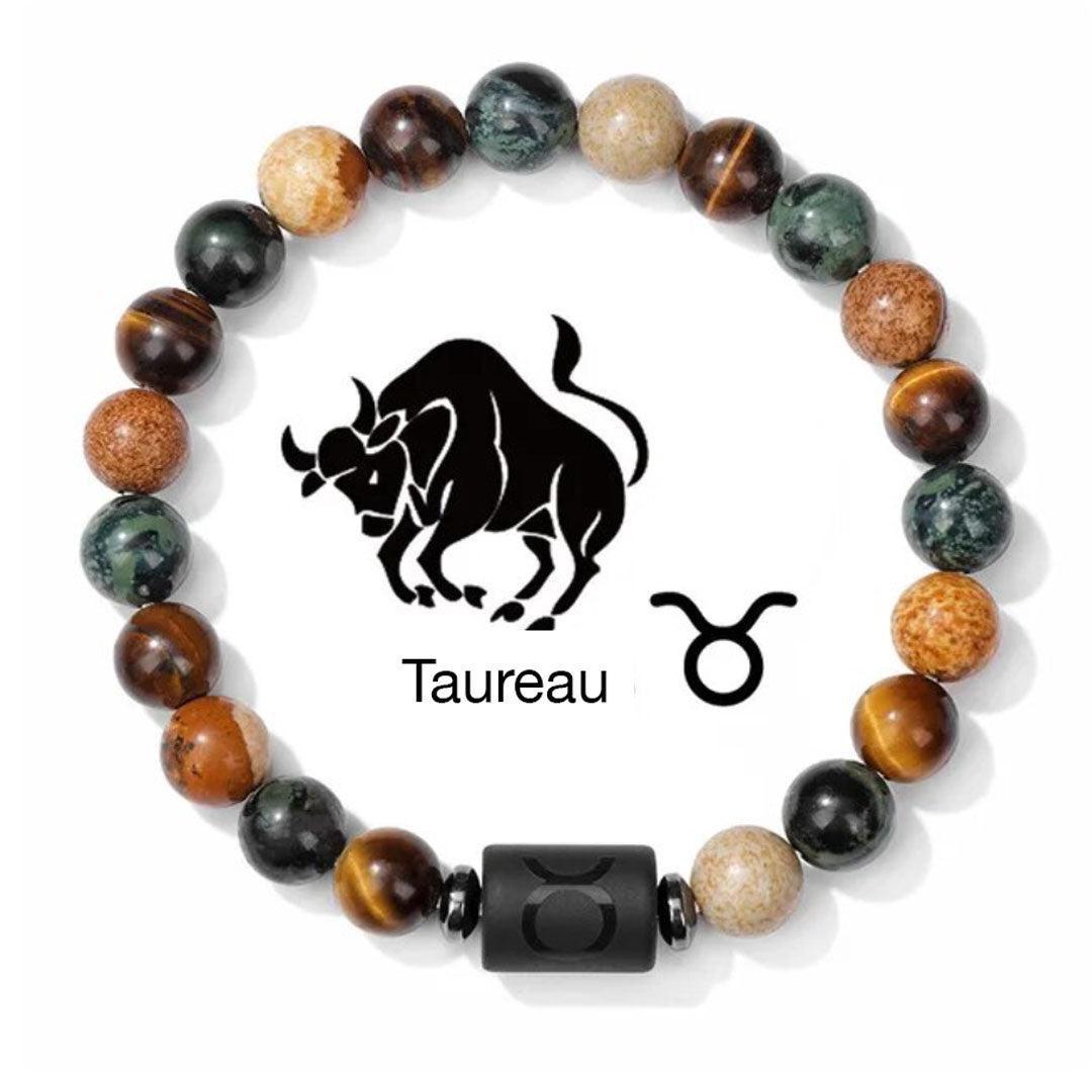 Gros plan sur les perles de jasper d'un bracelet zodiaque, pierre centrale