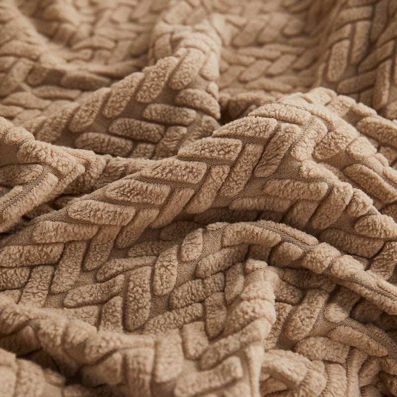 Housse polaire beige, détail de la couture extensible