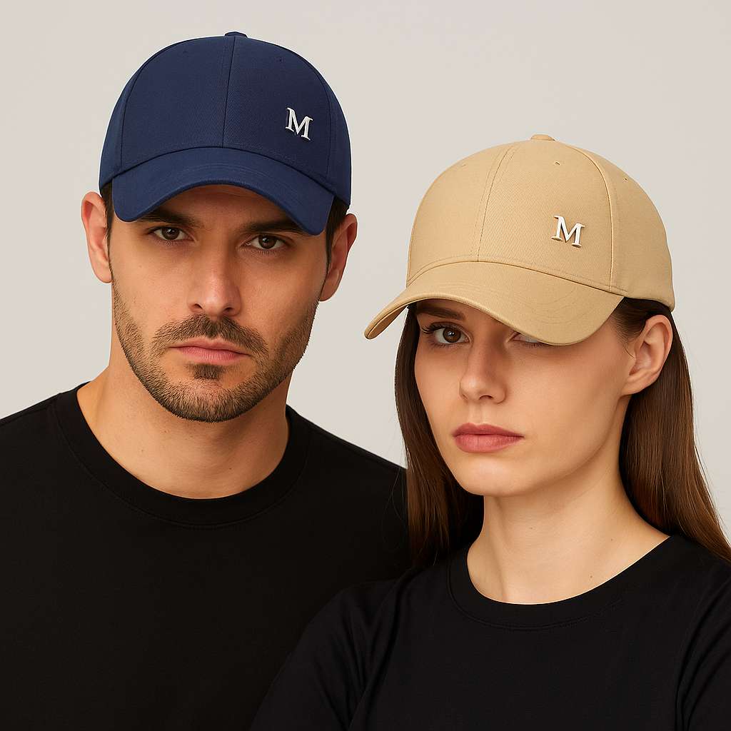 Couple portant des casquettes bleu et beige en studio