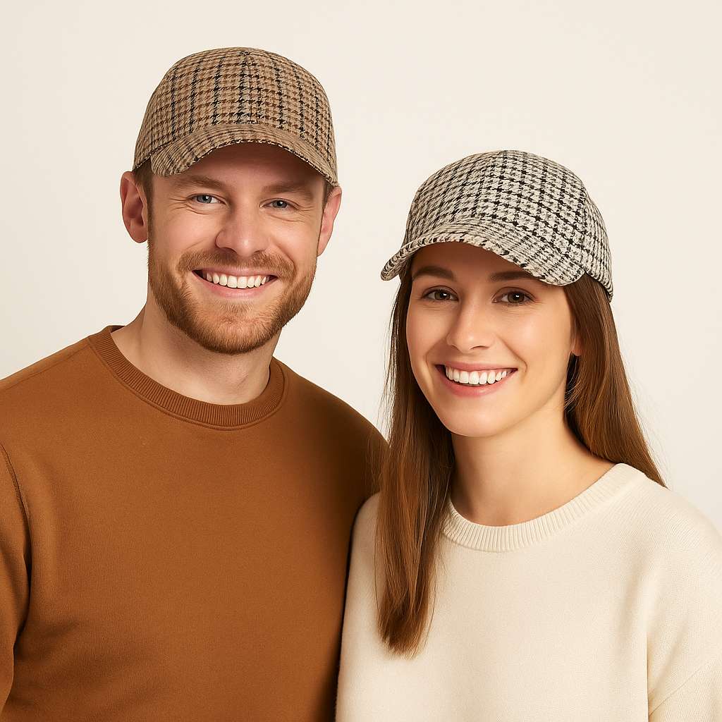 Couple portant des casquettes à carreaux en studio