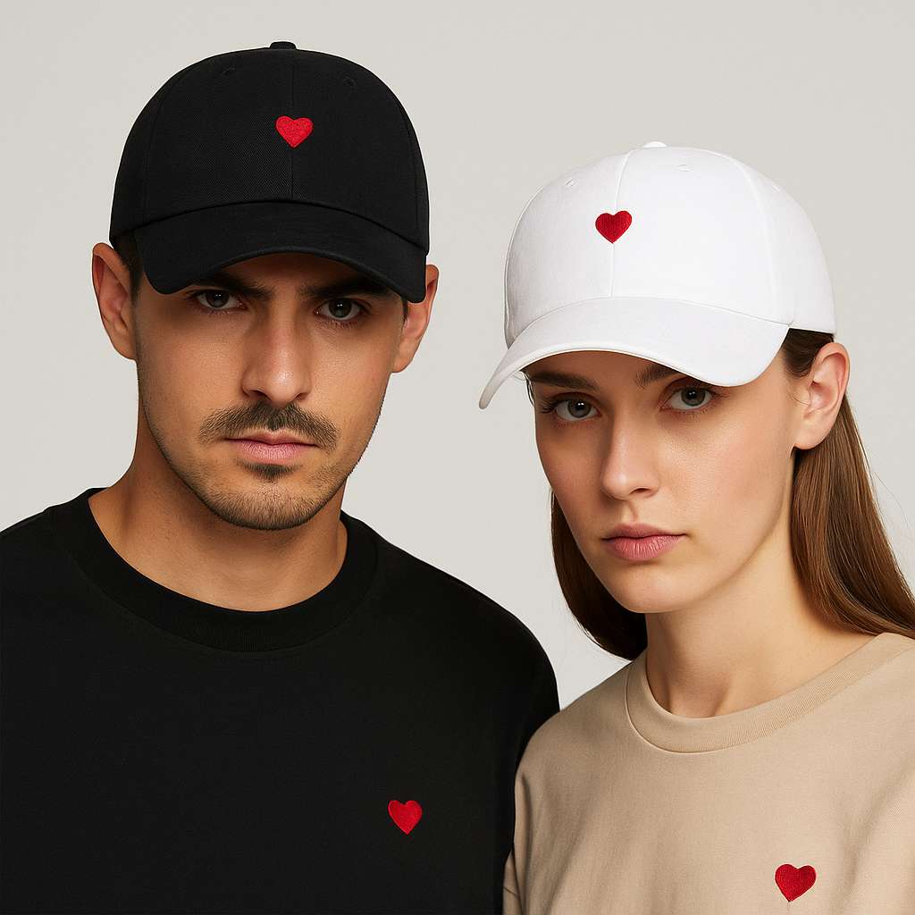 Casquette noire et blanche avec cœur brodé en studio