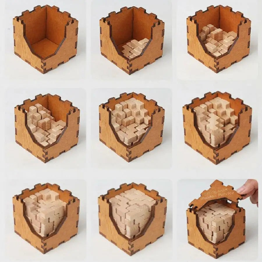 Boîte en bois ouverte avec pièces de puzzle à assembler
