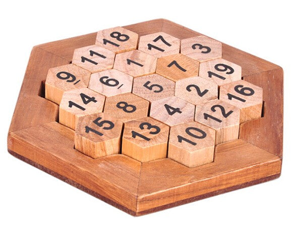 Casse-tête hexagonal en bois avec pions numérotés