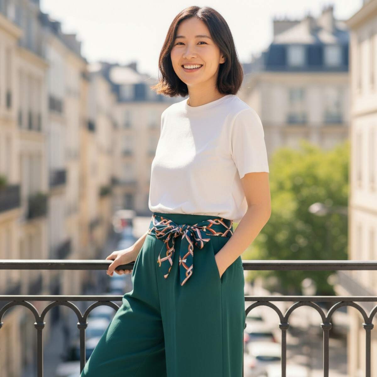 Détail des motifs entrelacés sur ceinture foulard verte