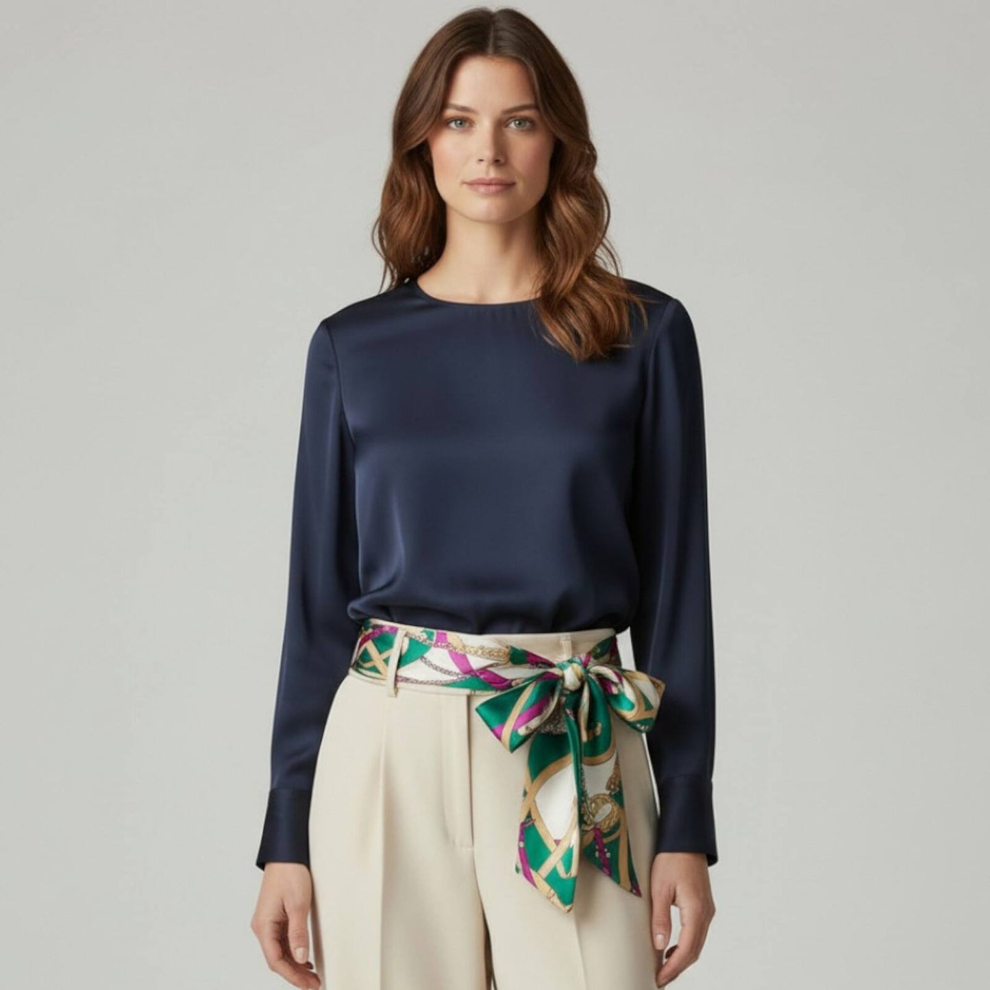 Détail de motifs équestres sur ceinture foulard verte satinée