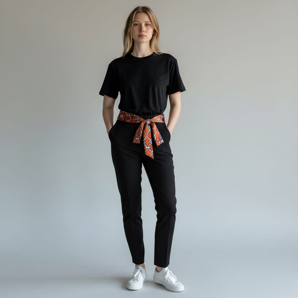 Vue rapprochée de la ceinture foulard brique satinée