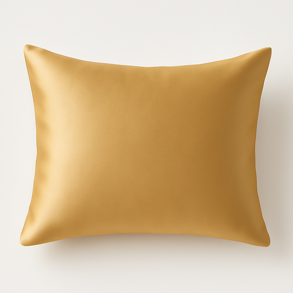 Taie d'oreiller en soie couleur champagne sur fond blanc