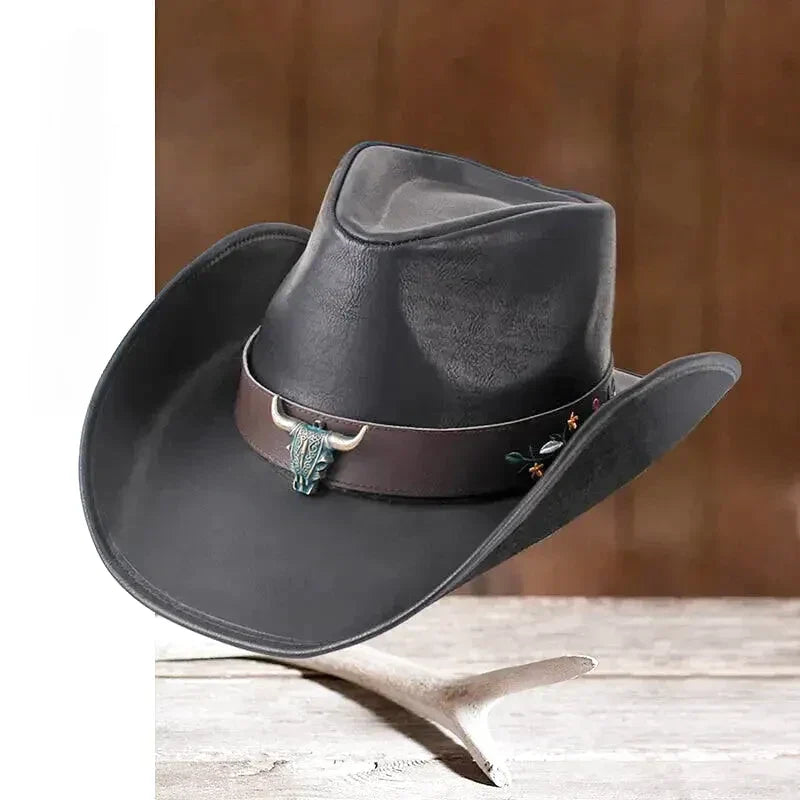 Chapeau en cuir véritable noir, style western