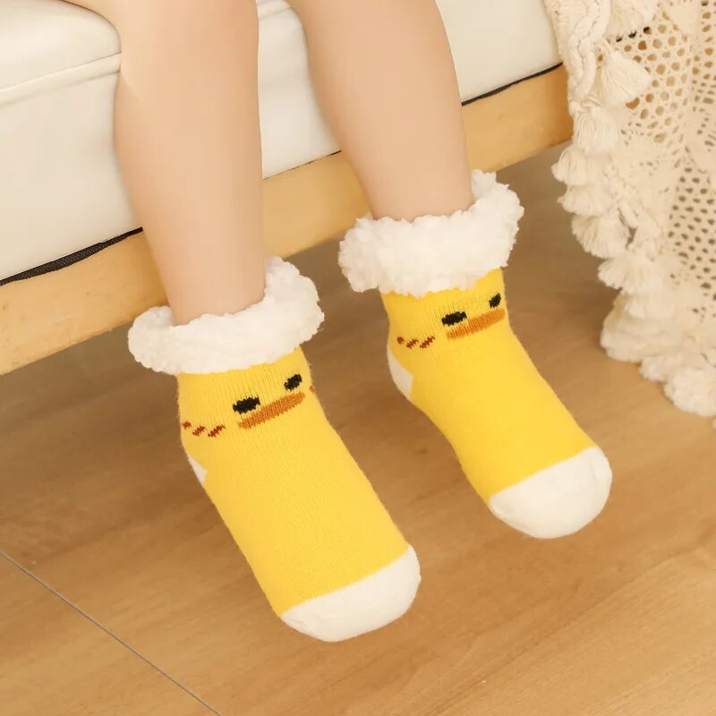 Chaussettes épaisses jaunes pour bébé avec motif poussin