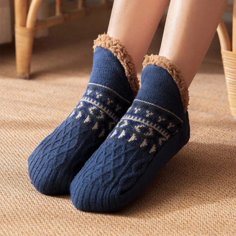 Chaussettes bleues avec motifs ethniques et semelle antidérapante